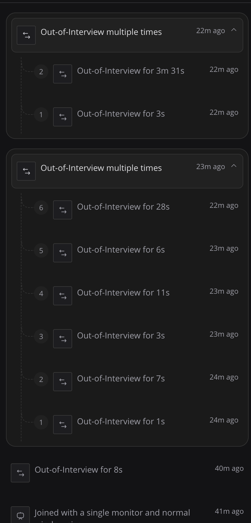HackerRank proctoring log showing Out-of-Interview flags from other tools